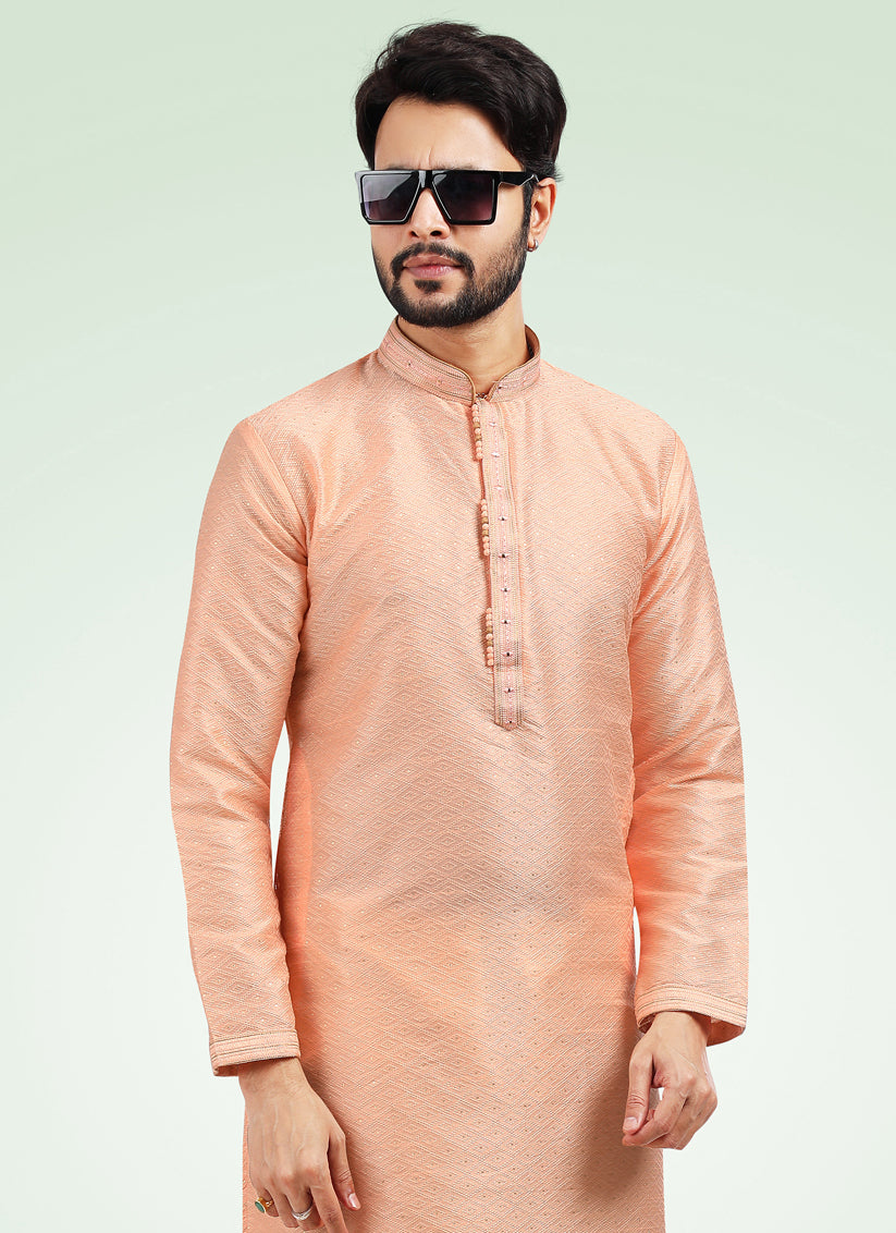 Peach Jacquard Banarasi Silk Pintucks Mens Kurta Pyjama Set