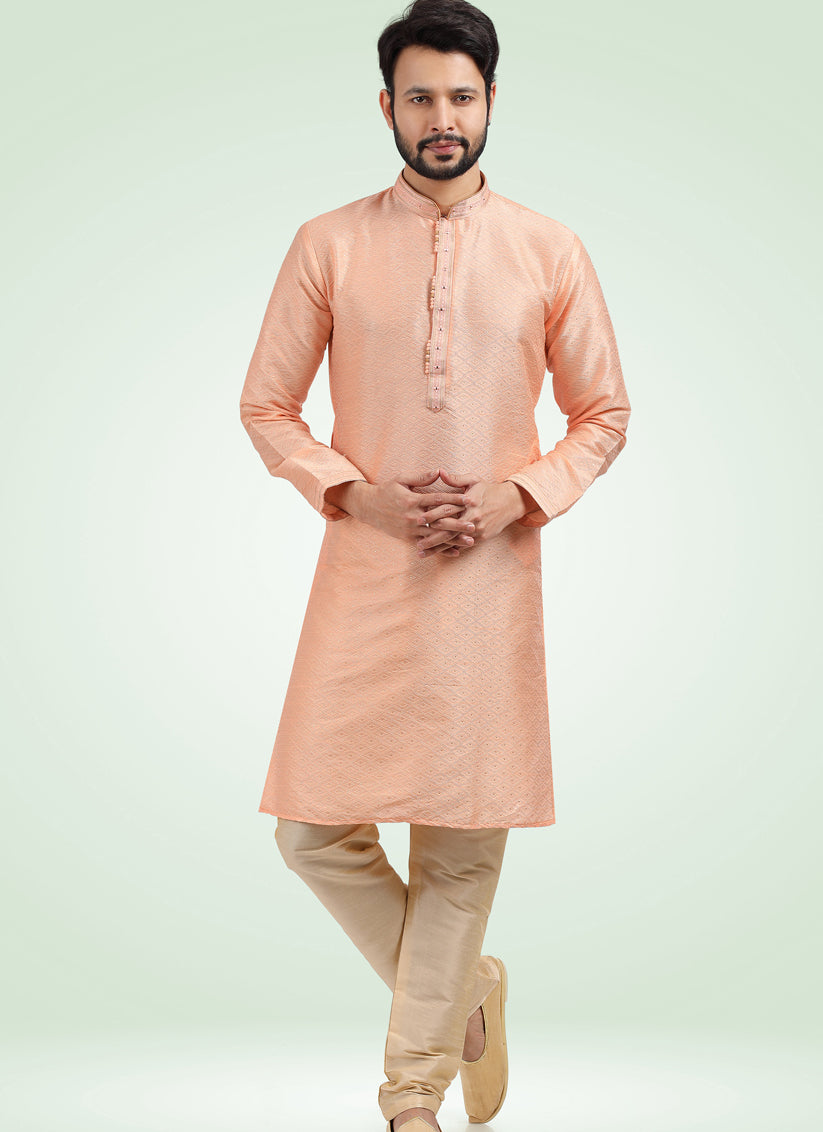 Peach Jacquard Banarasi Silk Pintucks Mens Kurta Pyjama Set