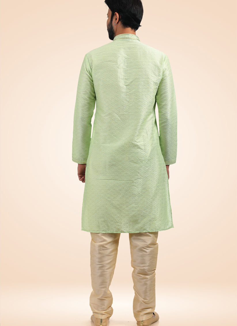 Pistachio Green Jacquard Banarasi Silk Pintucks Mens Kurta Pyjama Set