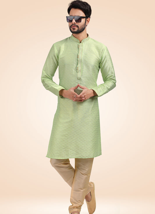 Pistachio Green Jacquard Banarasi Silk Pintucks Mens Kurta Pyjama Set