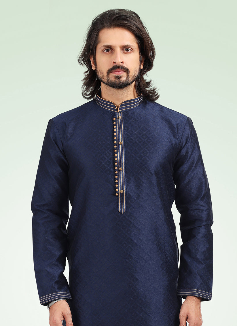 Navy Blue Jacquard Banarasi Silk Pintucks Mens Kurta Pyjama Set