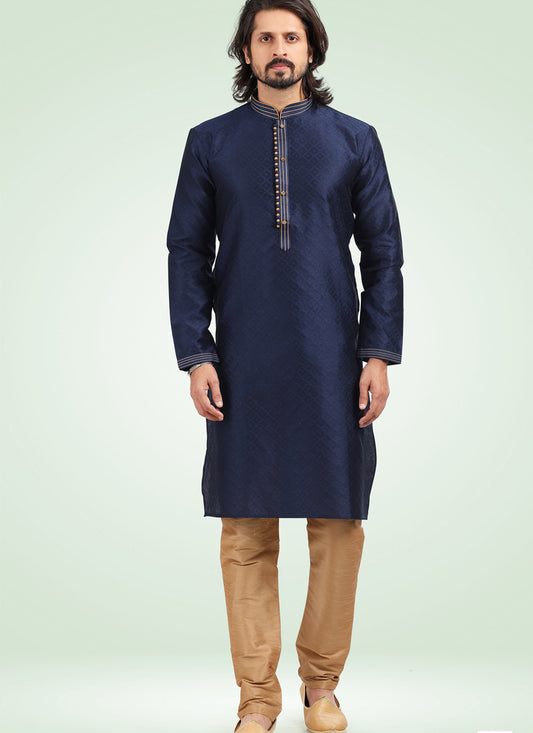 Navy Blue Jacquard Banarasi Silk Pintucks Mens Kurta Pyjama Set