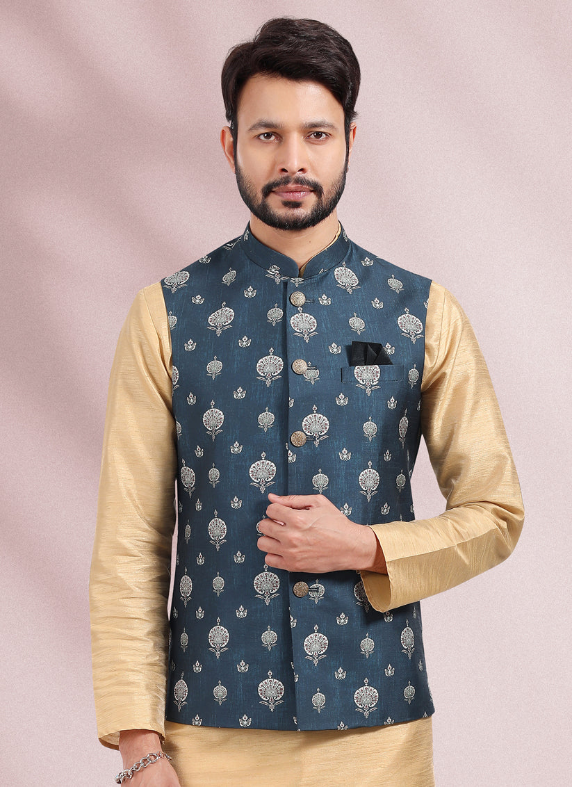 Beige Art Banarasi Silk Printed Mens Kurta Pyjama Set with Jacket