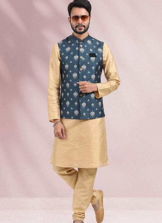 Beige Art Banarasi Silk Printed Mens Kurta Pyjama Set with Jacket