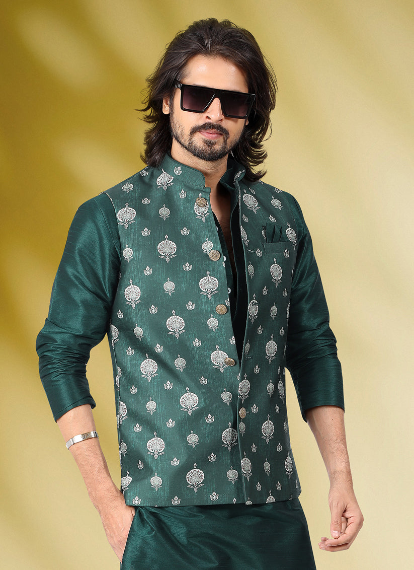 Bottle Green Art Banarasi Silk Printed Mens Kurta Pyjama Set with Jacket