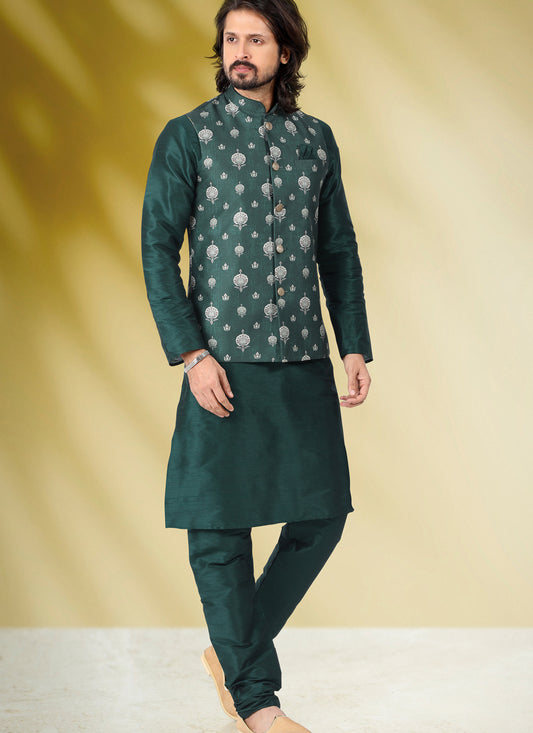 Bottle Green Art Banarasi Silk Printed Mens Kurta Pyjama Set with Jacket