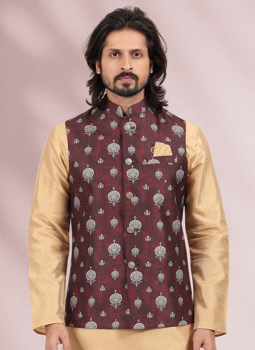 Beige Art Banarasi Silk Printed Mens Kurta Pyjama Set with Jacket