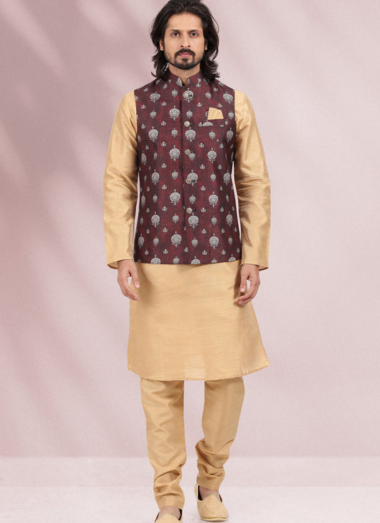 Beige Art Banarasi Silk Printed Mens Kurta Pyjama Set with Jacket