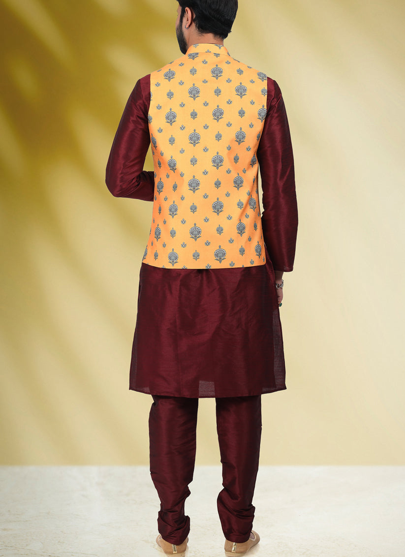 Garnet Maroon Art Banarasi Silk Printed Mens Kurta Pyjama Set with Jacket