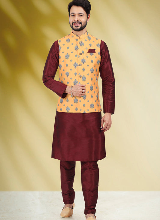 Garnet Maroon Art Banarasi Silk Printed Mens Kurta Pyjama Set with Jacket