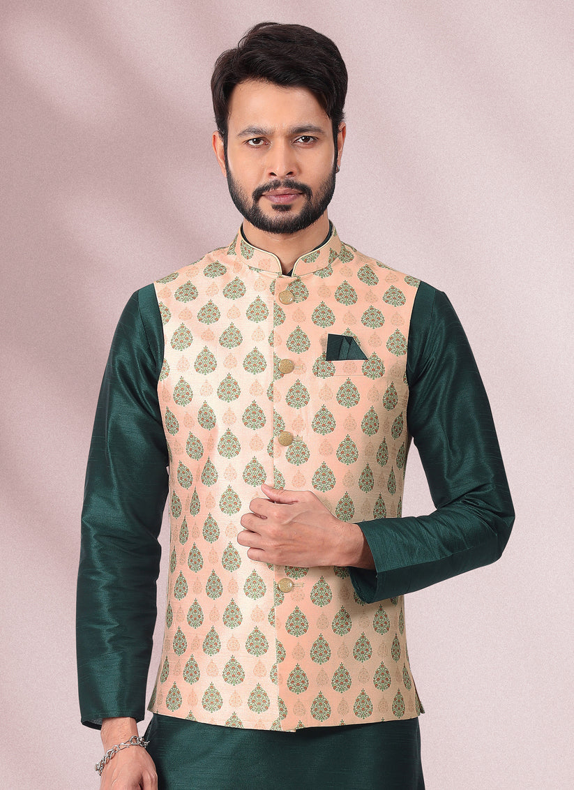 Pine Green Art Banarasi Silk Printed Mens Kurta Pyjama Set with Jacket