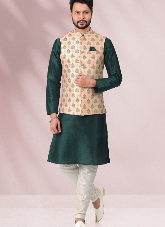 Pine Green Art Banarasi Silk Printed Mens Kurta Pyjama Set with Jacket