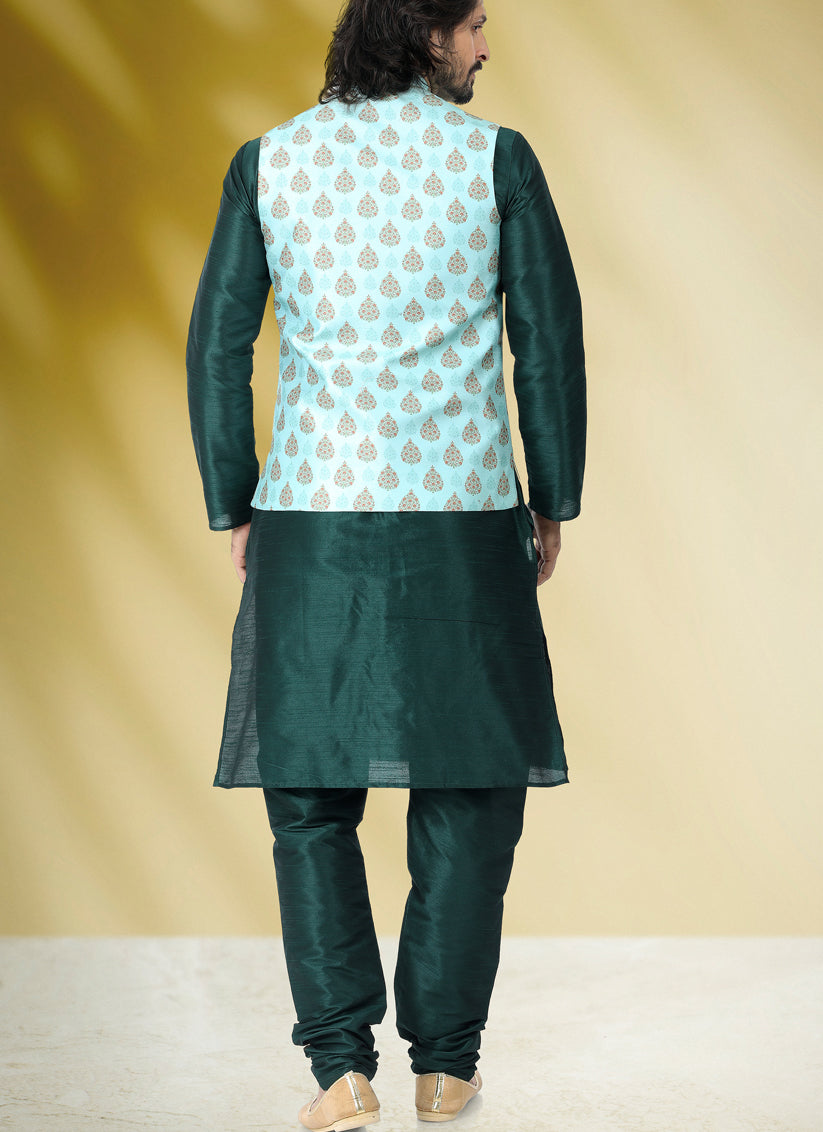 Pine Green Art Banarasi Silk Printed Mens Kurta Pyjama Set with Jacket