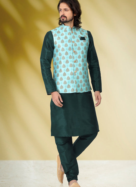 Pine Green Art Banarasi Silk Printed Mens Kurta Pyjama Set with Jacket