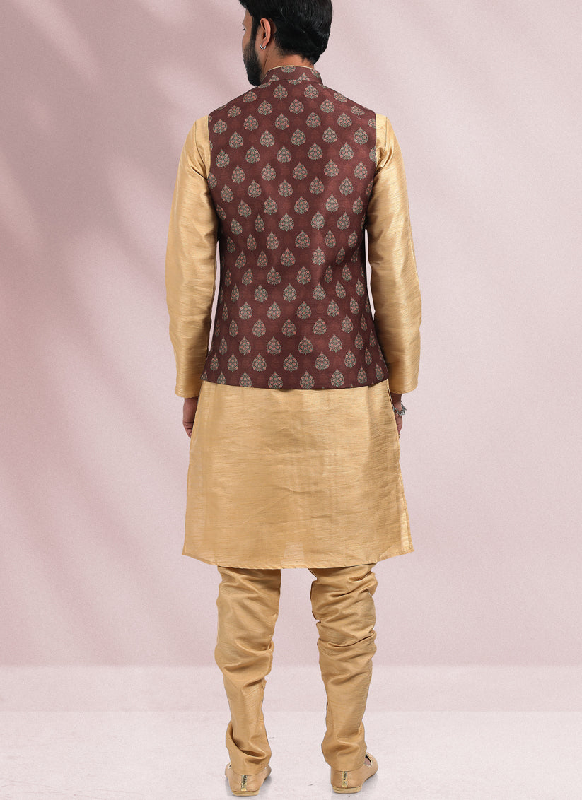 Beige Art Banarasi Silk Printed Mens Kurta Pyjama Set with Jacket