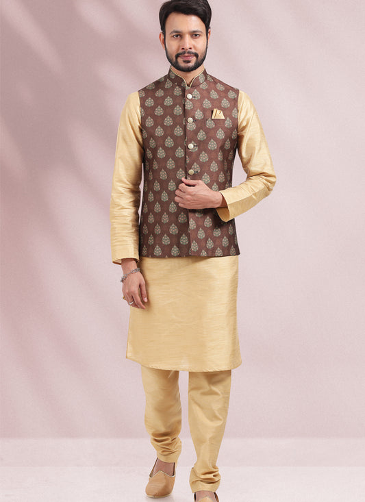 Beige Art Banarasi Silk Printed Mens Kurta Pyjama Set with Jacket