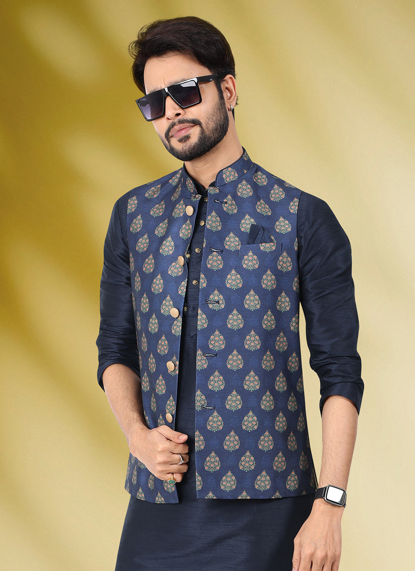 Midnight Blue Art Banarasi Silk Printed Mens Kurta Pyjama Set with Jacket