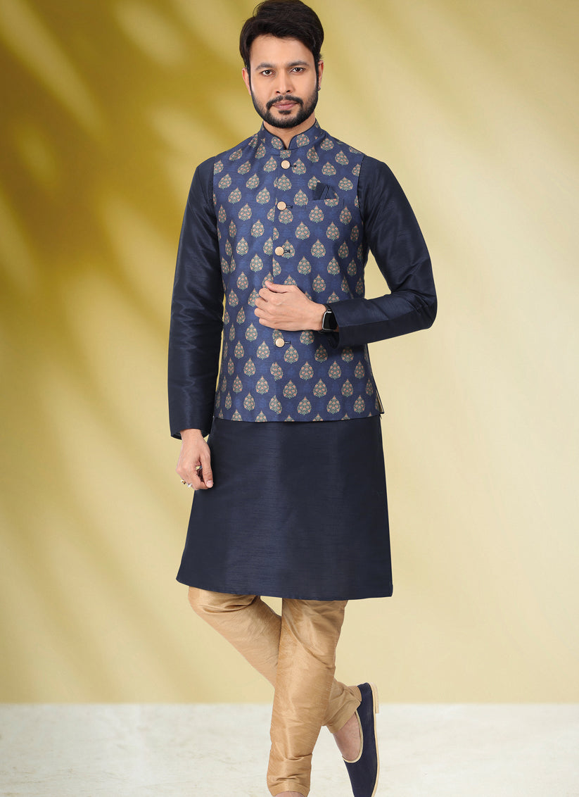 Midnight Blue Art Banarasi Silk Printed Mens Kurta Pyjama Set with Jacket