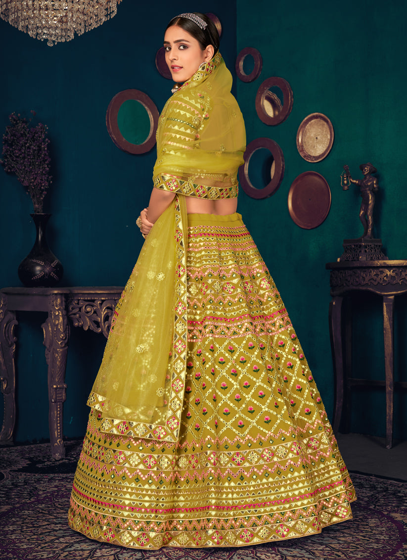 Lime Green Georgette Embroidered Designer Lehenga Choli