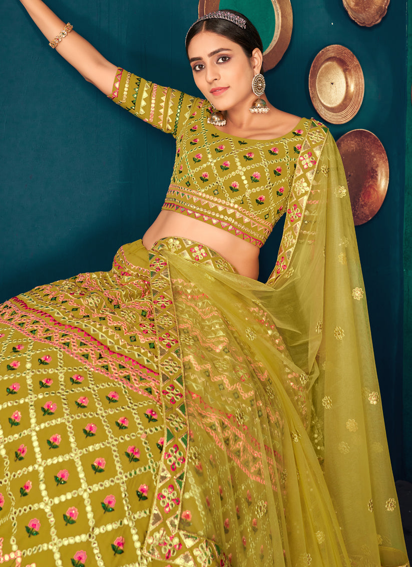 Lime Green Georgette Embroidered Designer Lehenga Choli