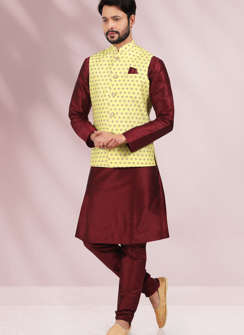 Garnet Maroon Art Banarasi Silk Printed Mens Kurta Pyjama Set with Jacket