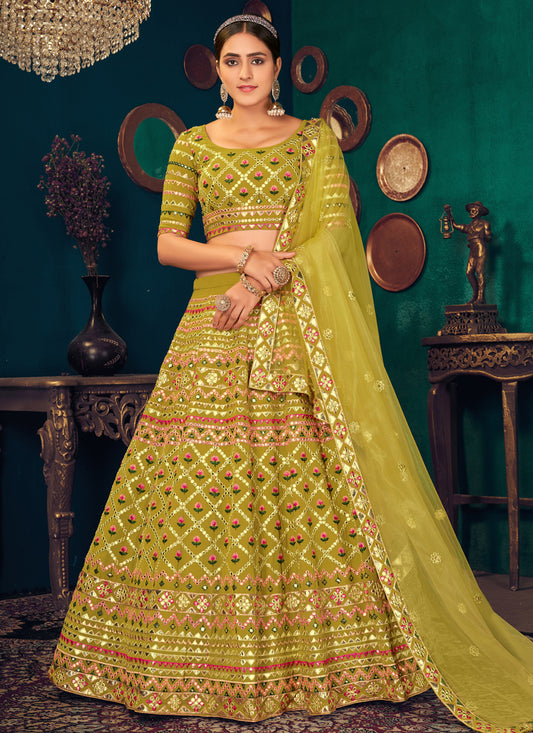 Lime Green Georgette Embroidered Designer Lehenga Choli