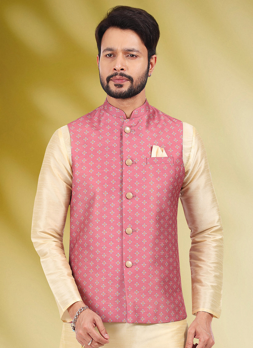 Cream Art Banarasi Silk Printed Mens Kurta Pyjama Set with Jacket