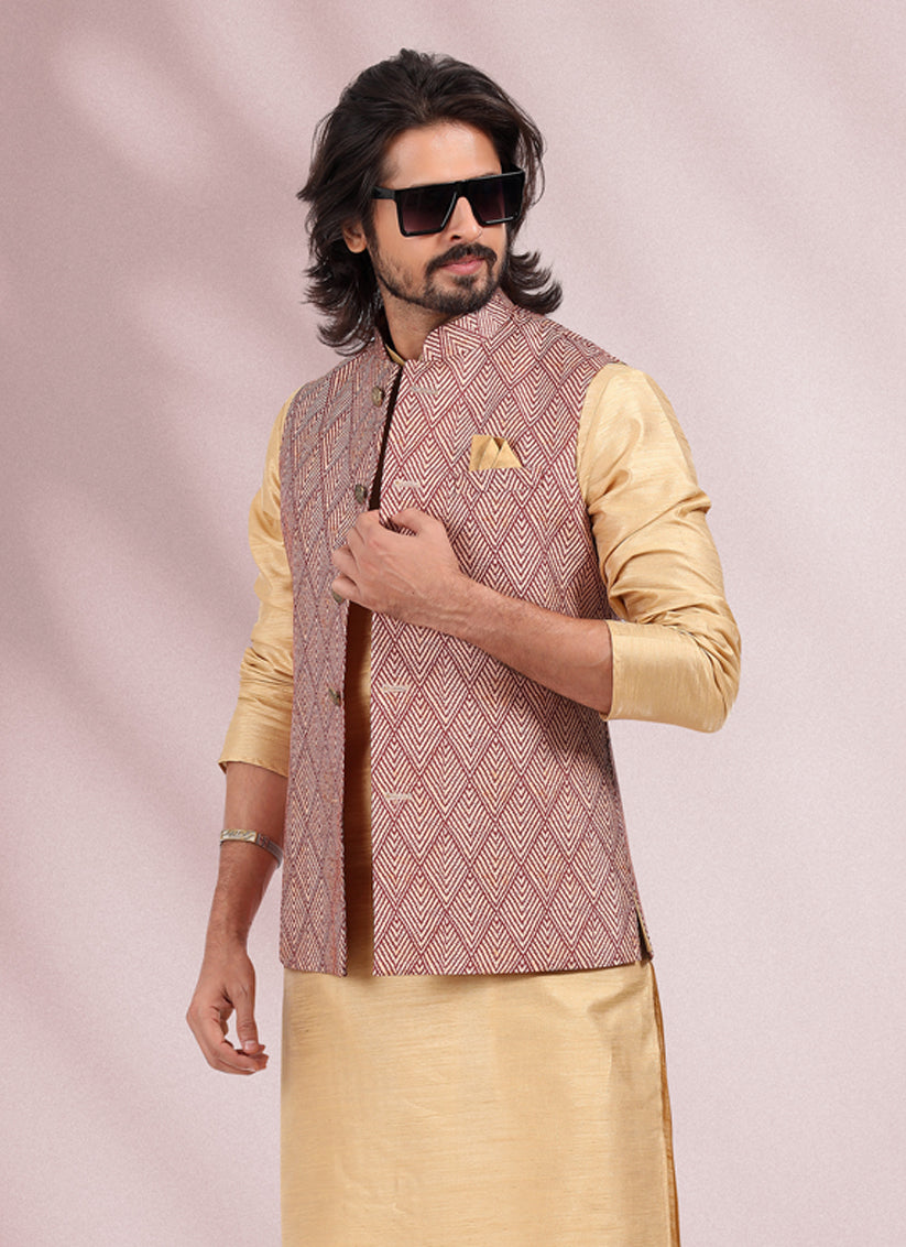 Beige Art Banarasi Silk Printed Mens Kurta Pyjama Set with Jacket