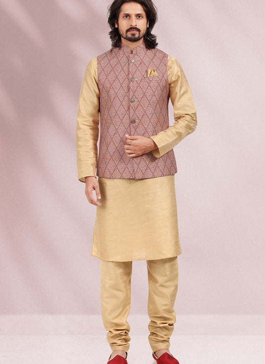 Beige Art Banarasi Silk Printed Mens Kurta Pyjama Set with Jacket