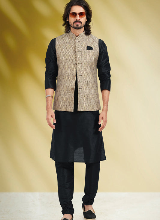 Black Art Banarasi Silk Printed Mens Kurta Pyjama Set with Jacket