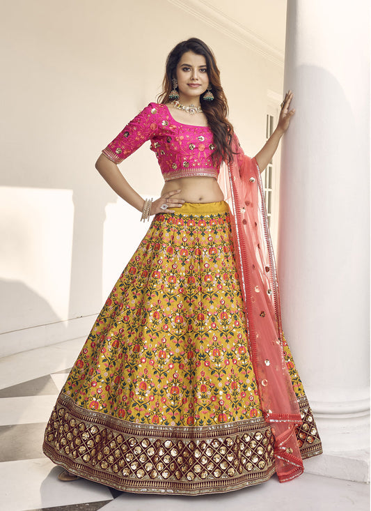 Mustard Yellow Art Silk Embroidered Wedding Ready To Wear Lehenga Choli