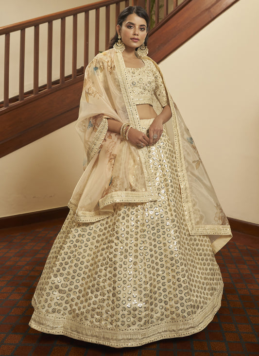 Ivory Art Silk Sequins Wedding Lehenga Choli