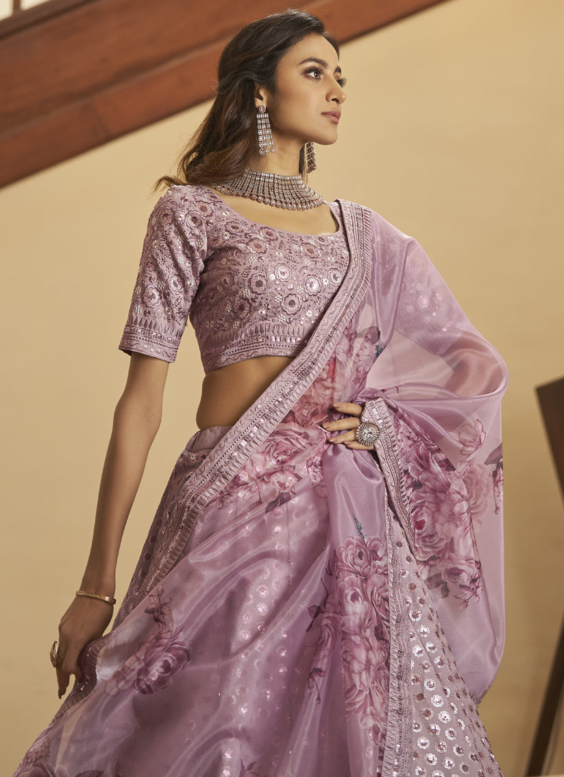 Lilac Pink Silk Sequins Wedding Lehenga Choli