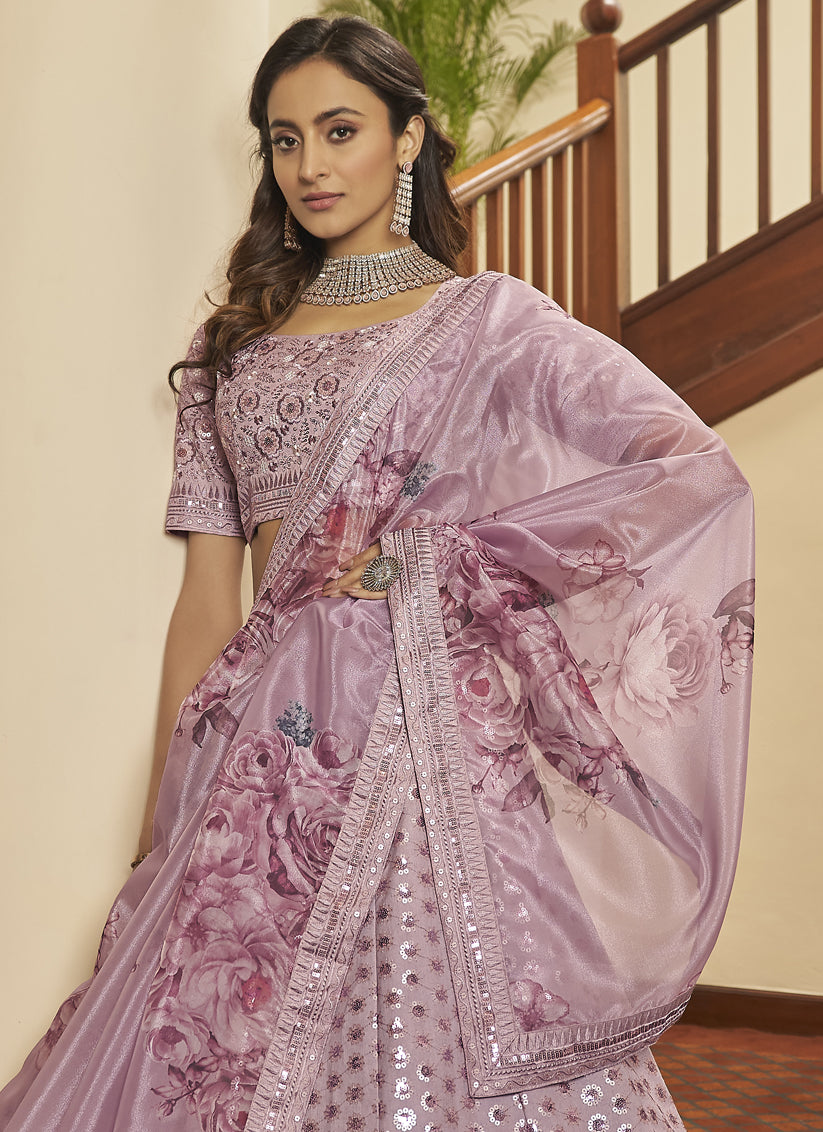 Lilac Pink Silk Sequins Wedding Lehenga Choli