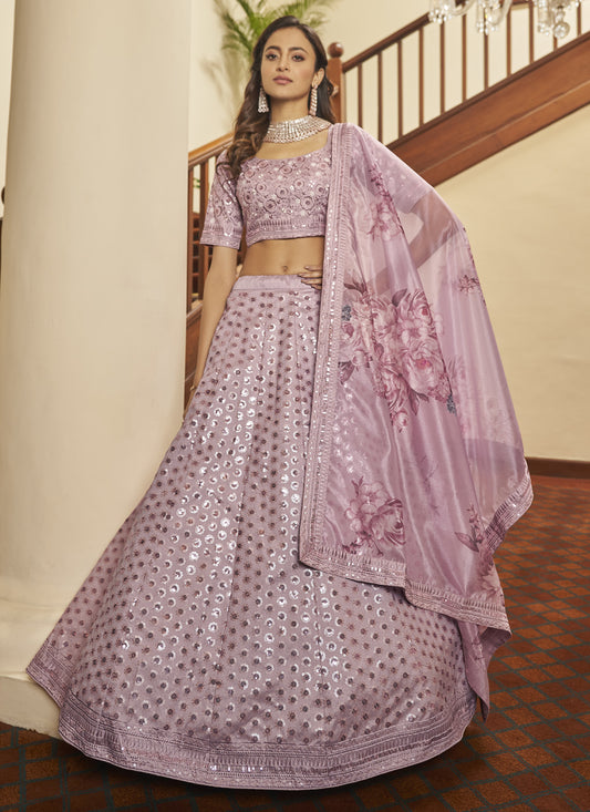 Lilac Pink Silk Sequins Wedding Lehenga Choli