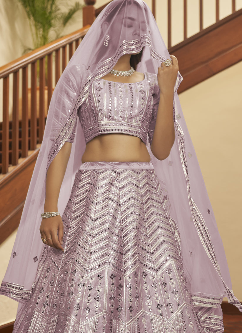 Lilac Pink Silk Sequins Wedding Lehenga Choli