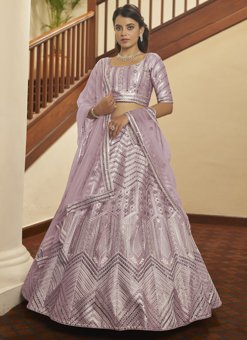 Lilac Pink Silk Sequins Wedding Lehenga Choli