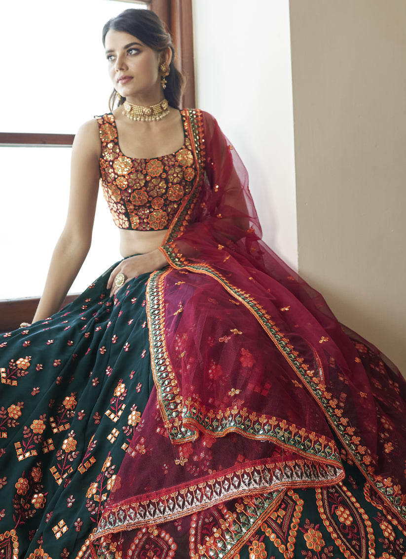 Pine Green Georgette Sequins Designer Lehenga Choli