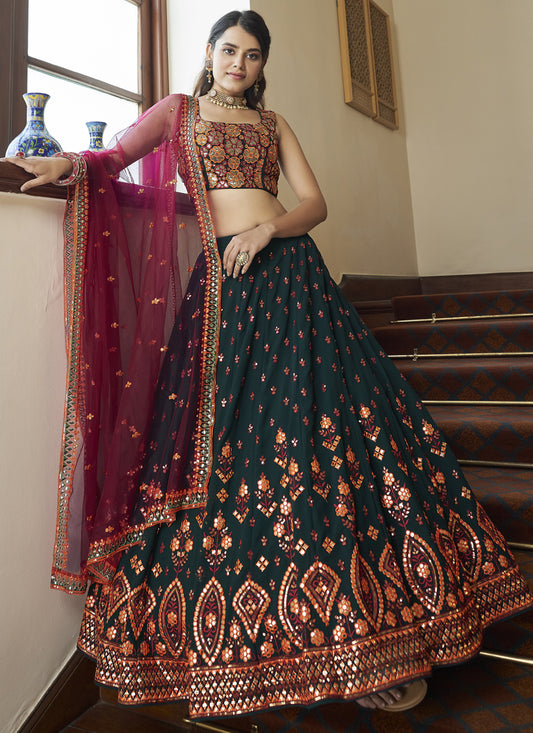 Pine Green Georgette Sequins Designer Lehenga Choli