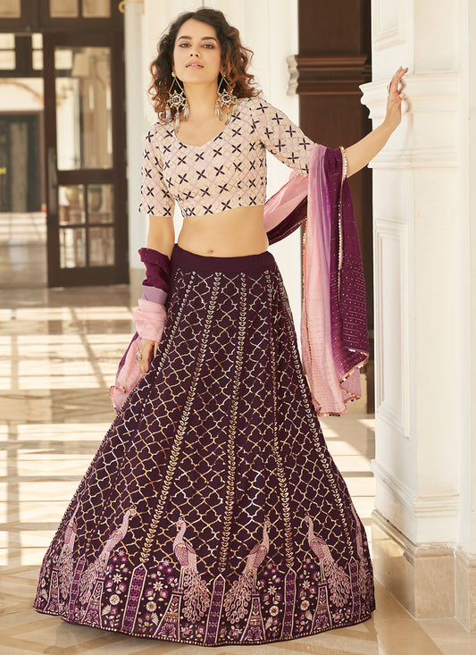 Burgundy Georgette Embroidered Designer Lehenga Choli