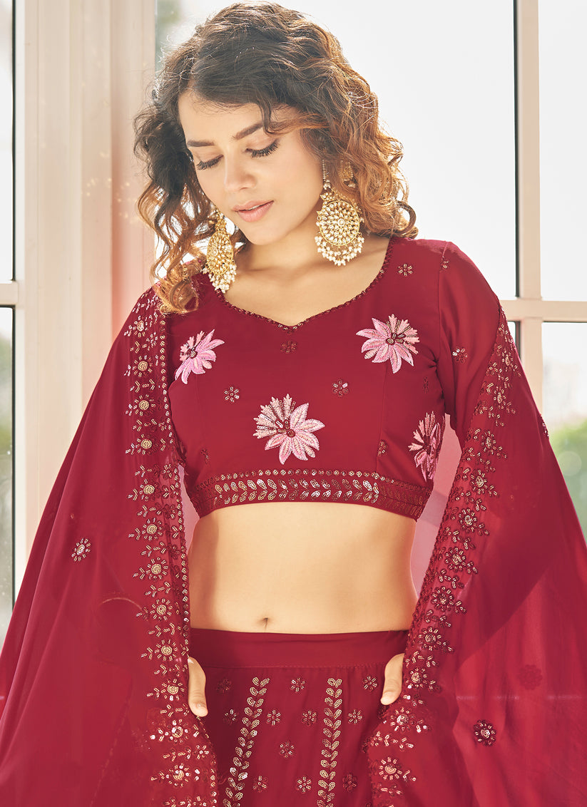 Berry Red Georgette Embroidered Designer Lehenga Choli