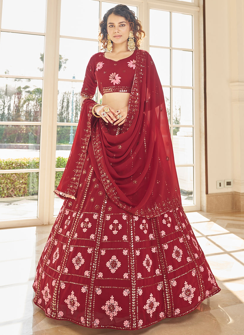 Berry Red Georgette Embroidered Designer Lehenga Choli