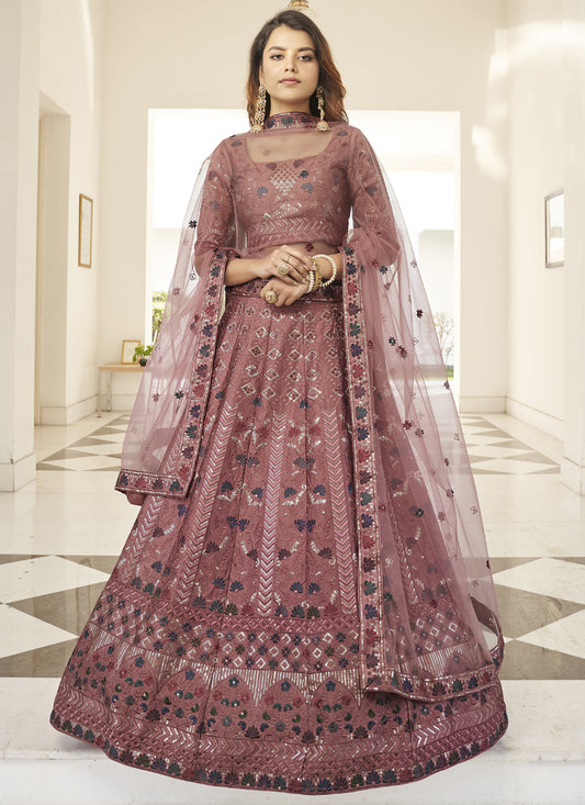 Mauve Pink Silk Sequins Wedding Lehenga Choli