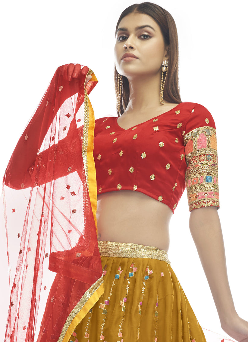 Mustard Satin Georgette Party Wear Lehenga Choli