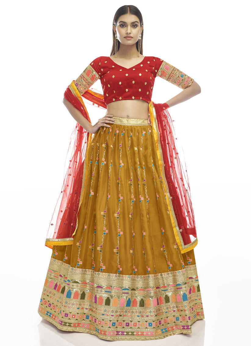 Mustard Satin Georgette Party Wear Lehenga Choli