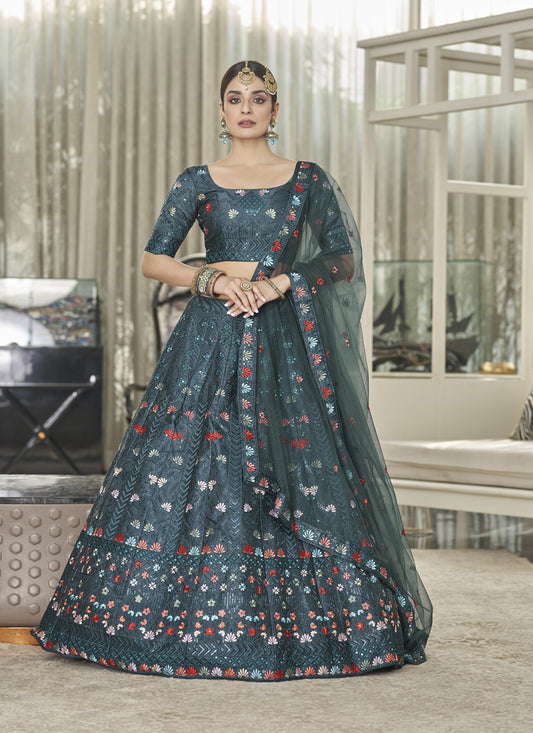 Peacock Green Silk Embroidered Designer Lehenga Choli