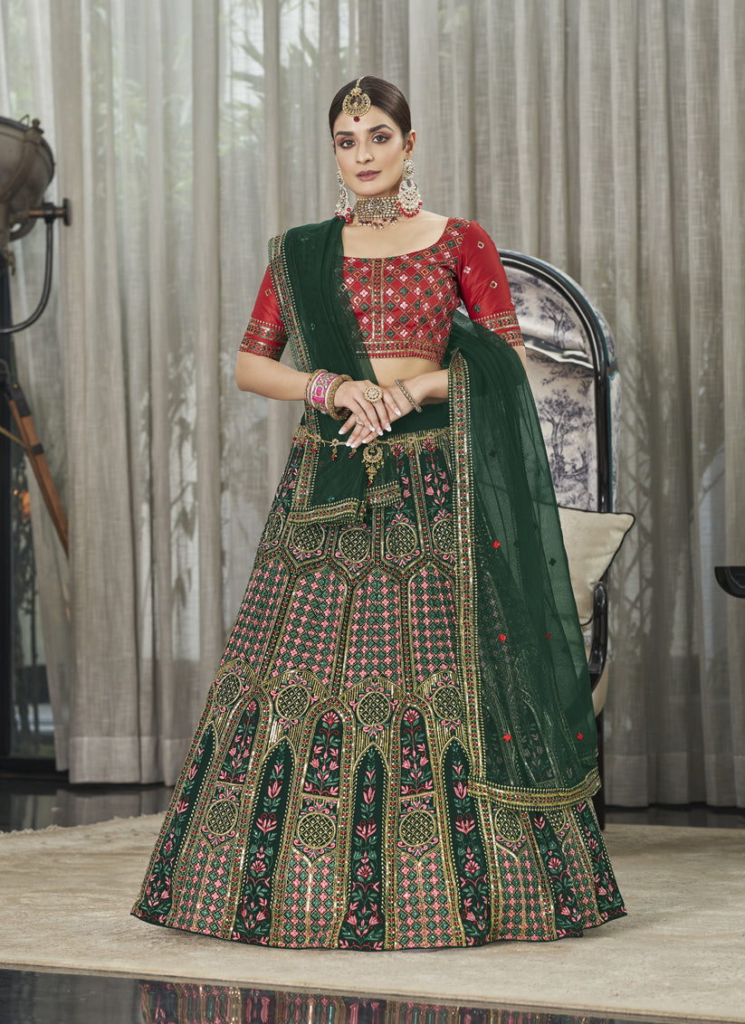 Bottle Green Georgette Embroidered Designer Lehenga Choli