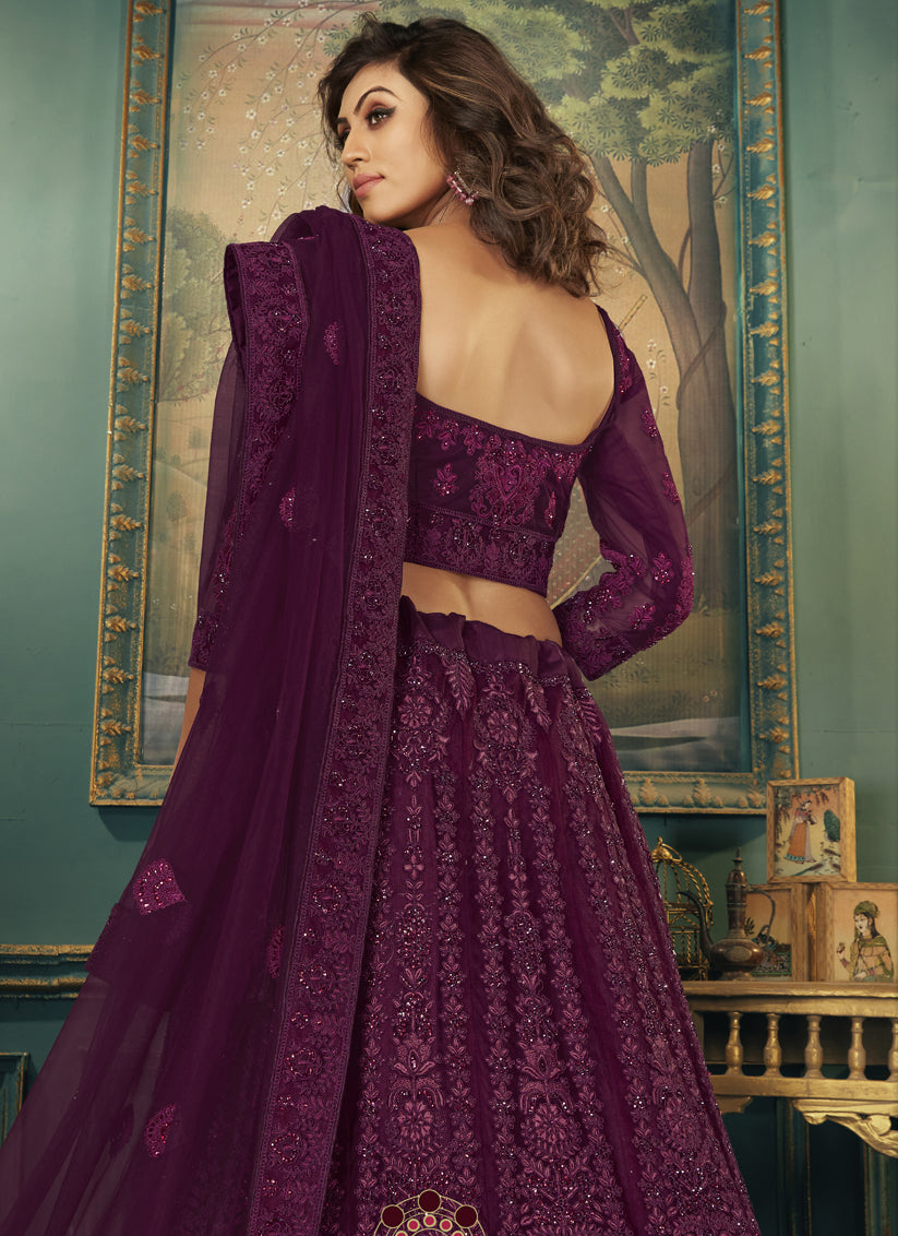 Purple Net Embroidered Wedding Lehenga Choli