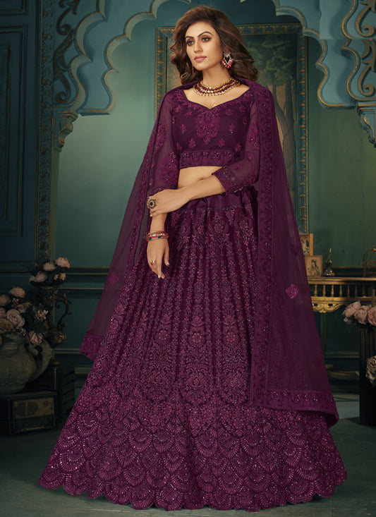 Purple Net Embroidered Wedding Lehenga Choli