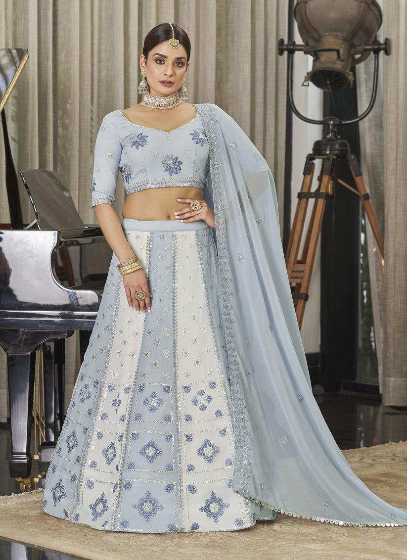 Livid and White Georgette Embroidered Lehenga Choli